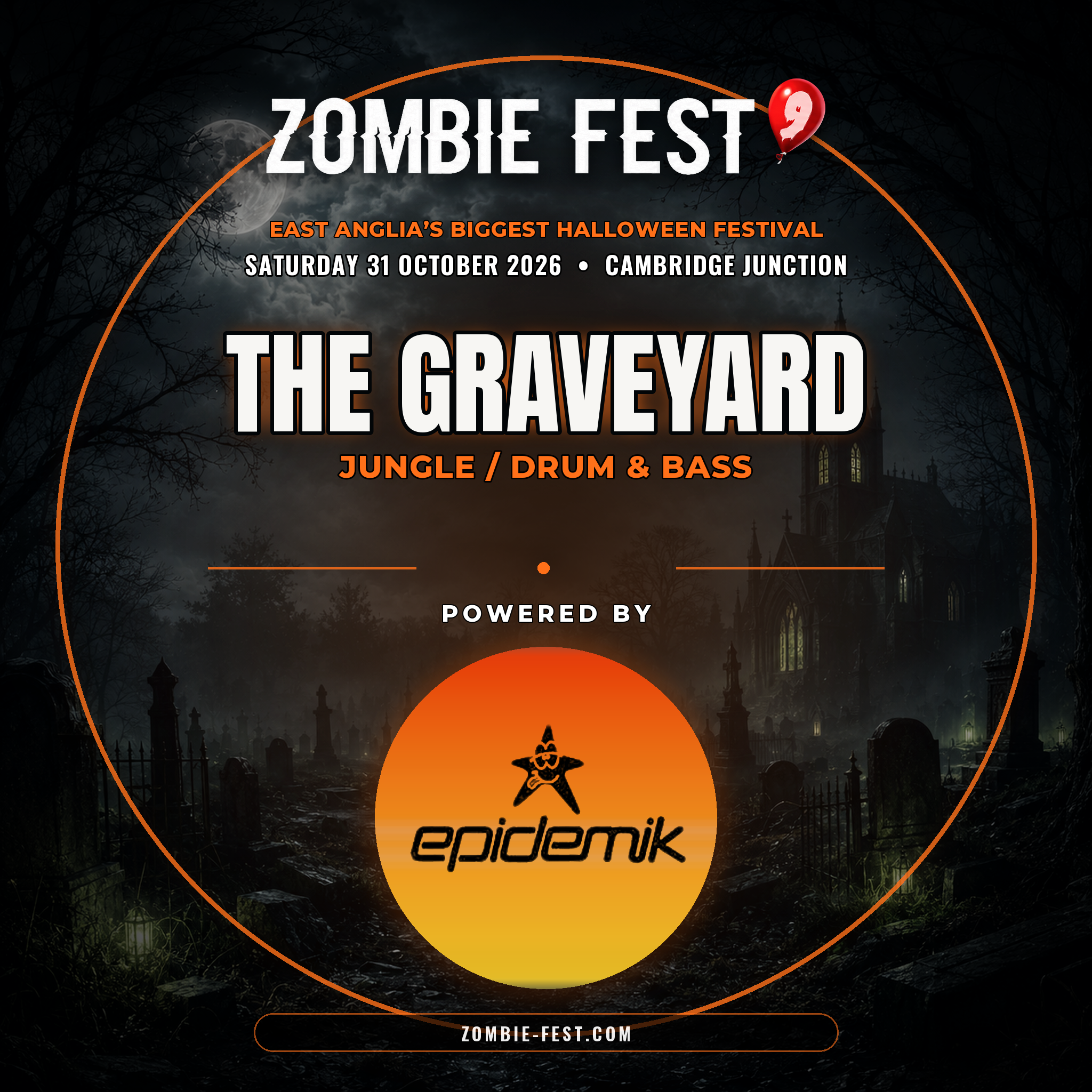 The Graveyard stage artwork — Zombie Fest 9, jungle and drum & bass, powered by Epidemik