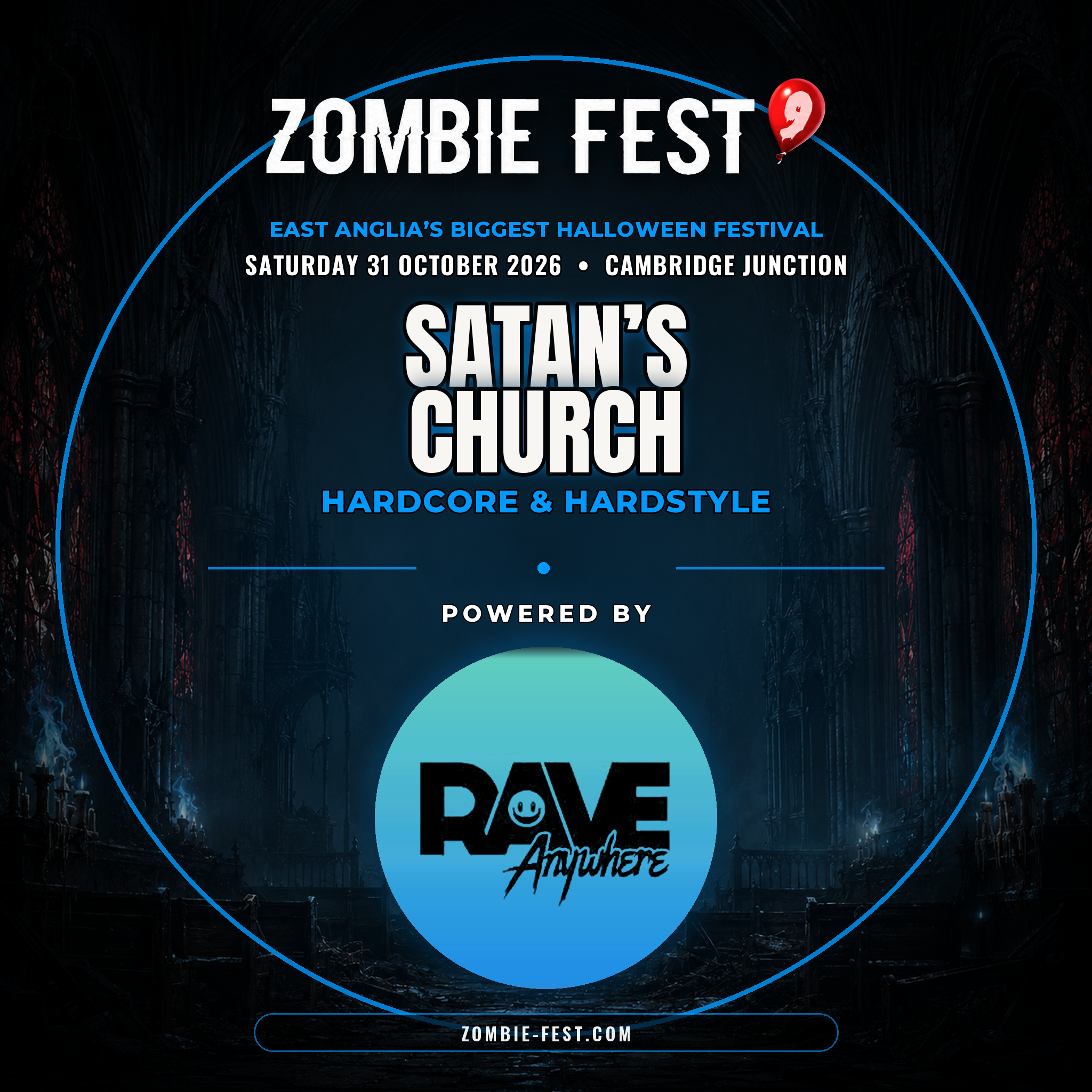 Satan’s Church stage artwork — Zombie Fest 9, hardcore and hardstyle, powered by Rave Anywhere
